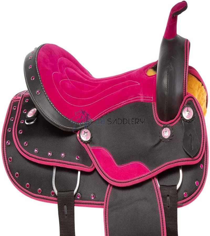 Synthetic Western Adult Horse Saddle Tack Barrel Racing with Matching Headstall + Breast Collar + Reins + Saddle Pad